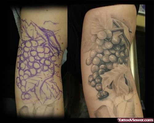 Grey Ink Grapes And Garlic Tattoo