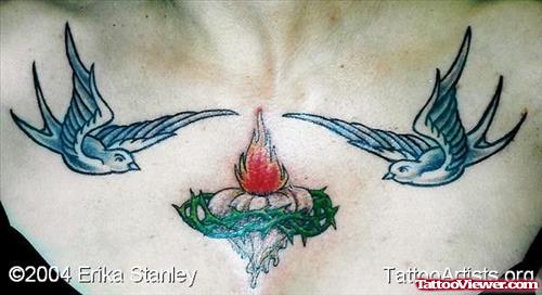 Color Flying Birds And Garlic Tattoo On Chest