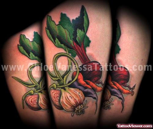 Color Ink Vegetables and Garlic Tattoo