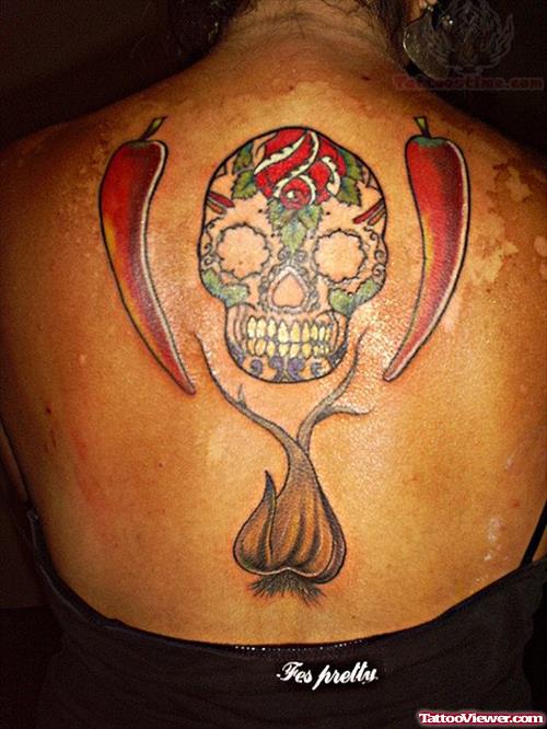 Sugar Skull And Garlic Tattoo On Back