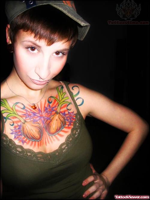 Colorful Garlic Tattoos On Chest
