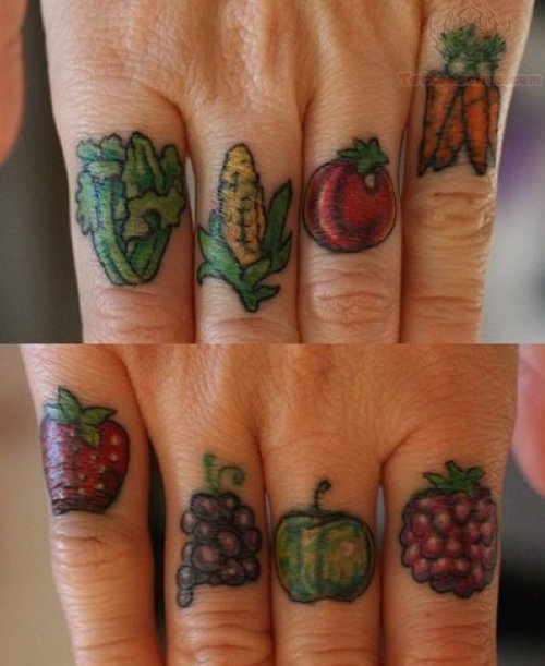 Garlic And Fruit Tattoo On Fingers