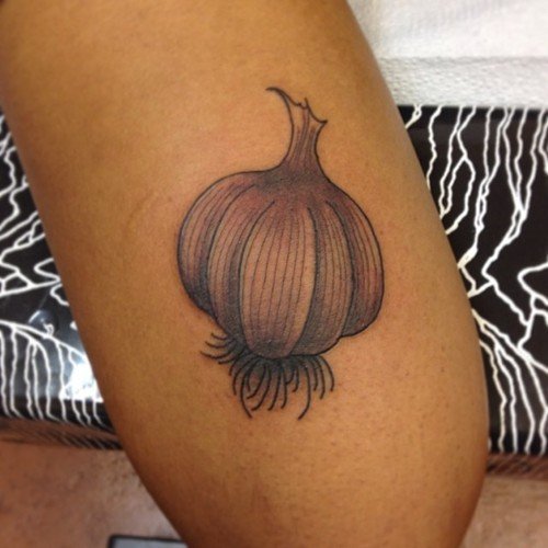 Awesome Grey Ink Garlic Tattoo On Bicep