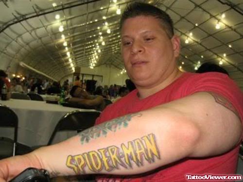 Spiderman Geek Tattoo On Left Arm