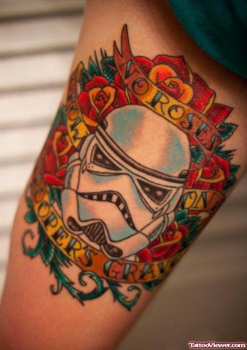Red Flowers and Geek Soldier Tattoo On Arm