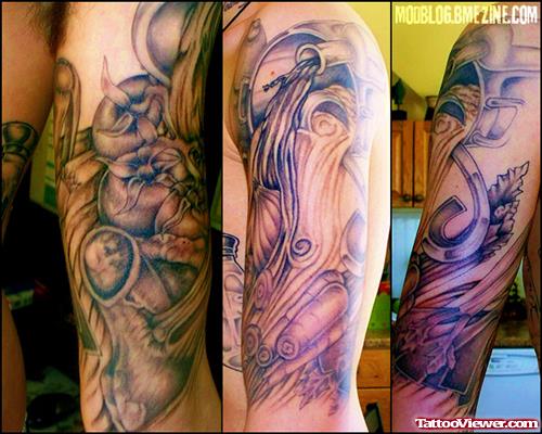 Amazing Grey Ink Geek Tattoo On Half Sleeve