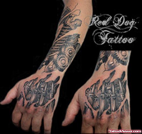 Grey Ink Ripped Skin Geek Tattoo On Arm