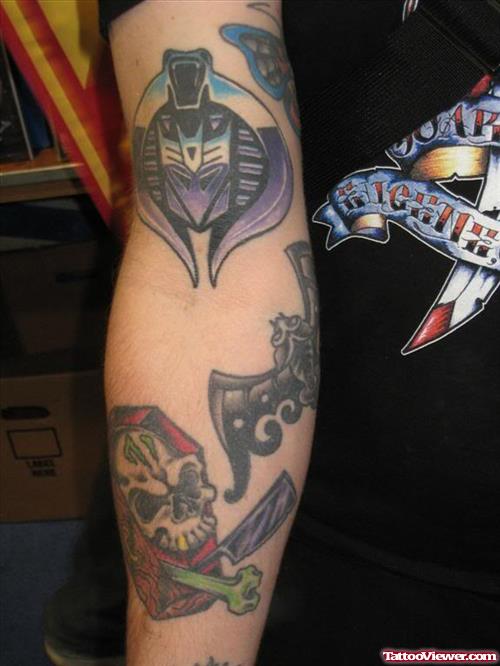 Colored Geek Tattoos On Right Sleeve