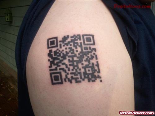 Black Ink Qr Code Geek Tattoo On Shoulder