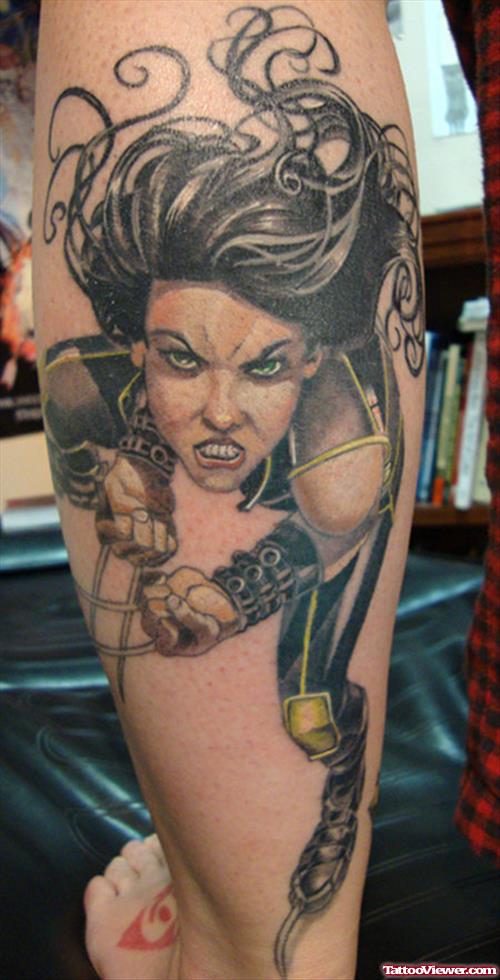 Black Ink Geek Girl Tattoo On Back Leg