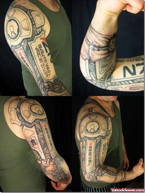 Awesome Grey Ink Geek Tattoo On Sleeve For Men