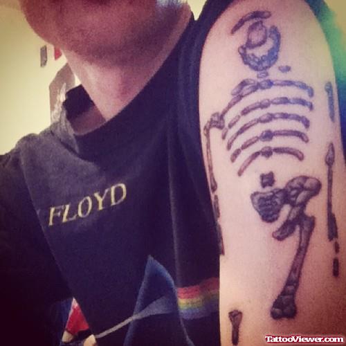 Grey Ink Skeleton Geek Tattoo On Half Sleeve