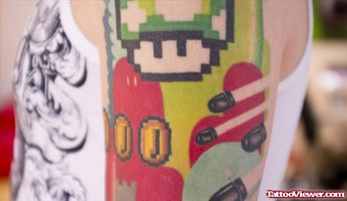 Color Ink Mario Geek Tattoo On Left Half Sleeve
