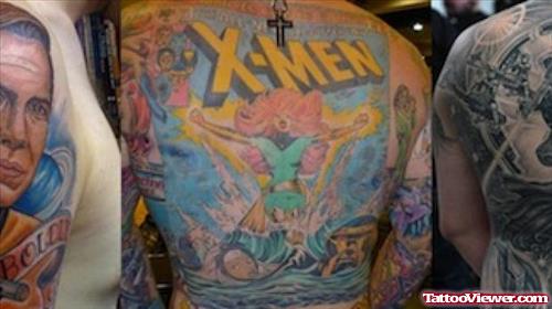 X Men Colored Geek Tattoo On Back Body