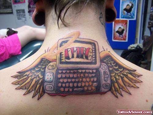 Winged Geek Tattoo On Upperback