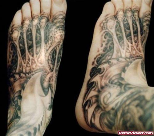 Grey Ink Skeleton Geek Tattoo On Foot