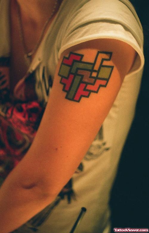 Colored Ink Animated Heart Geek Tattoo On Left Bicep