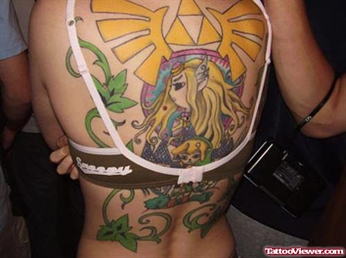 Awesome Colored Geek Tattoo On Back Body
