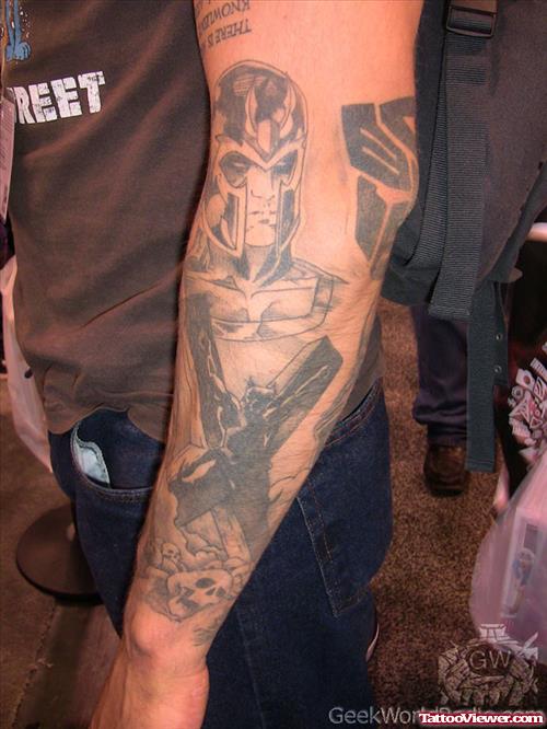 Grey Ink Geek Tattoo On Left Sleeve