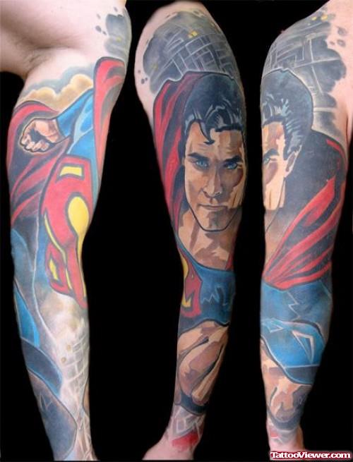 Colored Ink Superman Geek Tattoo On Sleeve