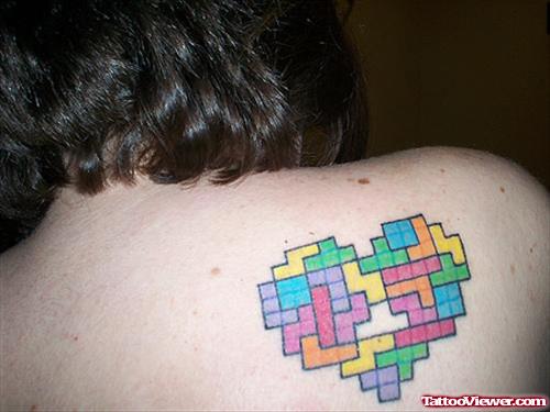 Animated Heart Geek Tattoo On Right Back Shoulder