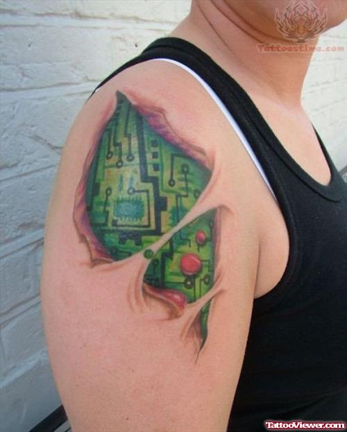 Ripped Skin Colored Geek Tattoo On Right Shoulder