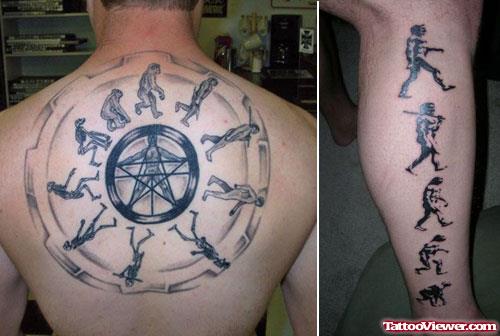 Grey Ink Geek Pentagram Tattoo On Back