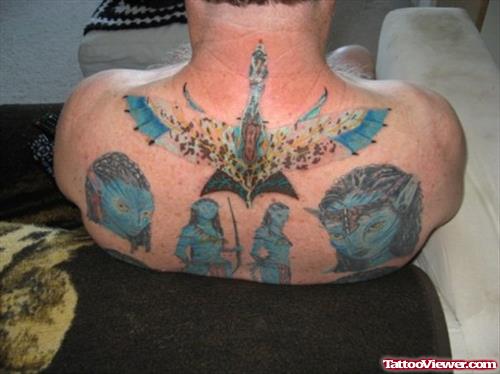 Blue Ink Avatar Geek Tattoo On Back