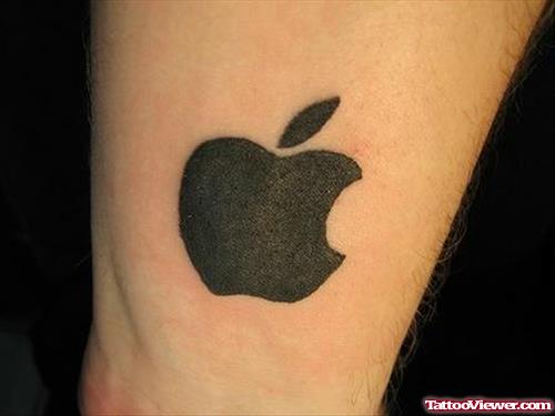 Black Ink Apple Geek Tattoo On Arm