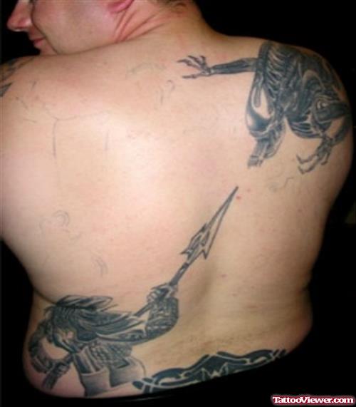 Beautiful Grey Ink Geek Tattoo On Back Body