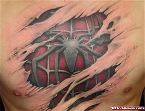 Ripped Skin Geek Spider Tattoo On Chest
