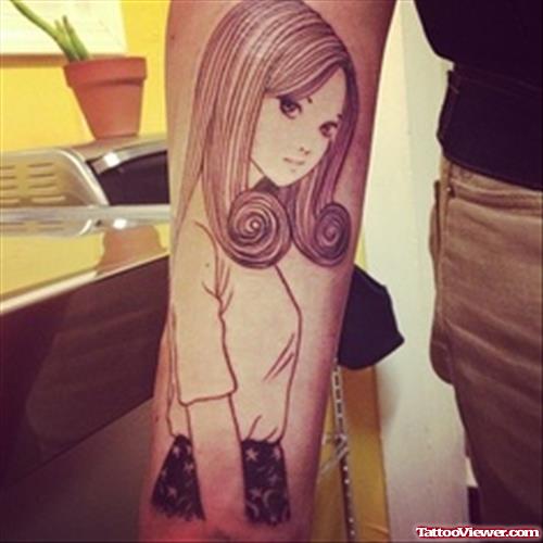 Grey Ink Geek Girl Tattoo On Sleeve
