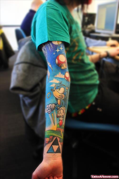 Colored Geek Tattoo On Man Right Sleeve