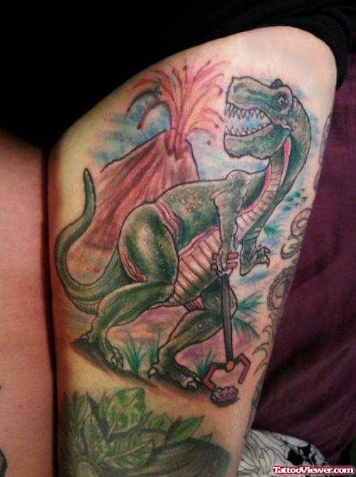 Awesome Colored Geek Tattoo On Left Leg