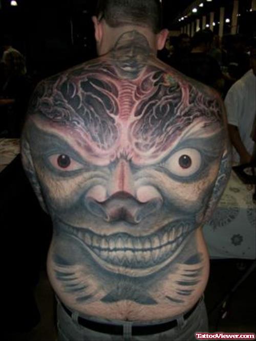 Grey Ink Geek Demon Tattoo On Back
