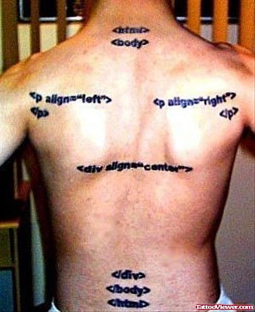 Geek Html Tags Tattoo On Man Back