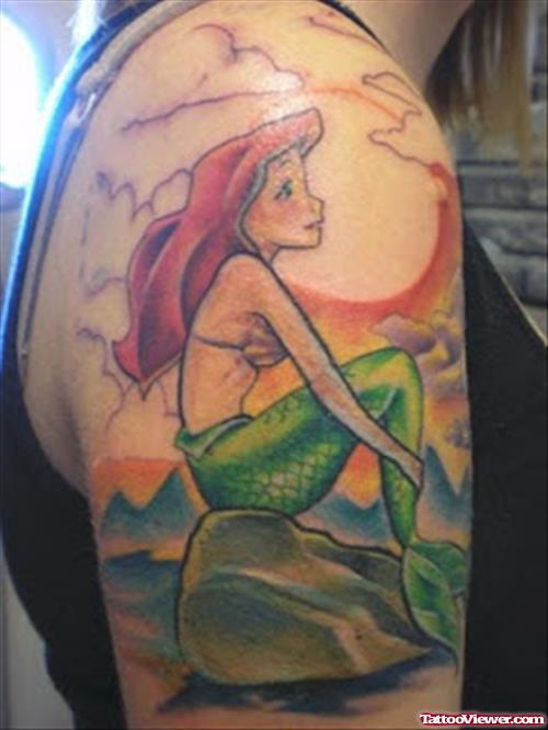 Color Mermaid Geek Tattoo On Right Half Sleeve