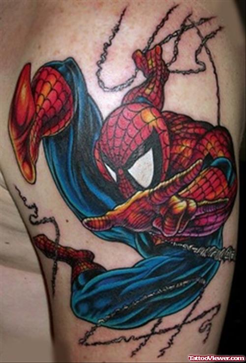Color Ink Spiderman Geek Tattoo On Left Half Sleeve