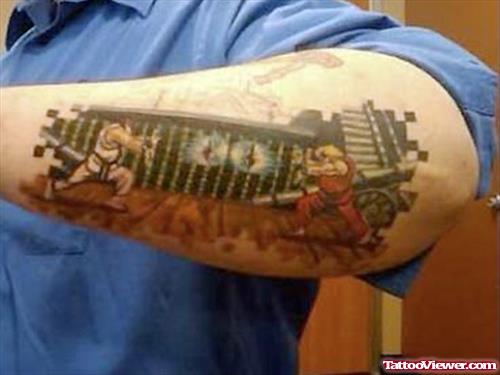 Amazing Colored Geek Tattoo On Left Arm