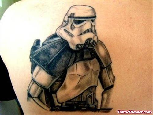 Amazing Grey Ink Geek Tattoo On Left Back Shoulder