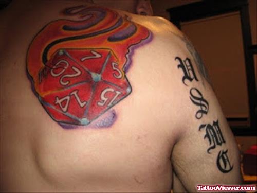Red Ink Geek Tattoo On Right Back SHoulder