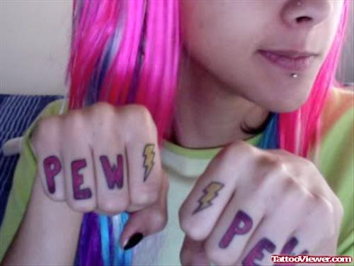 Pew Pew Geek Tattoo On Girl Knuckles