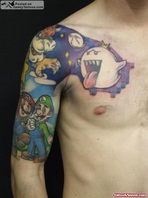 Colored Ink Mario Geek Tattoo On Right Half Sleeve And Chest