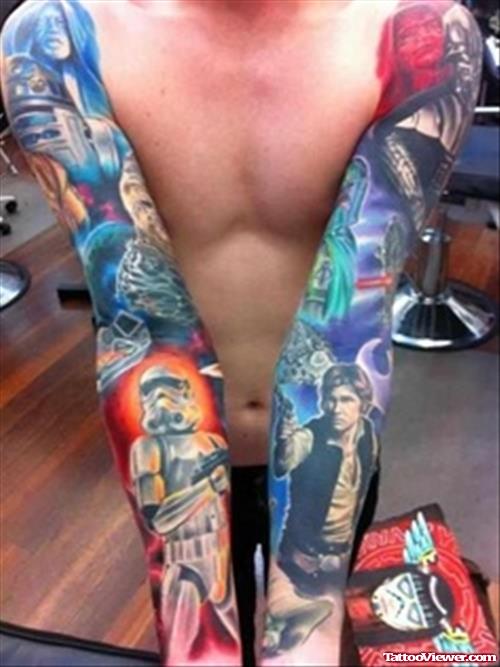 Awesome Colored Geek Tattoos On Both Sleeves