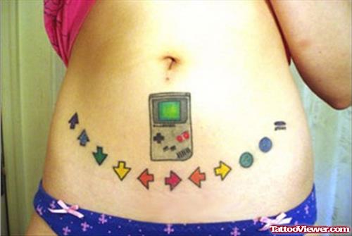 Colored Arrows And Calculator Tattoo On Belly