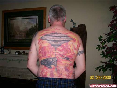 Color Ink Geek Tattoo On Man Back Body