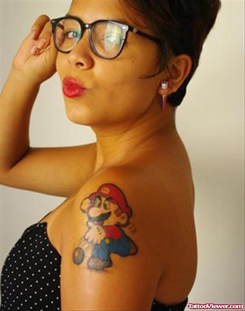 Color Ink Geek Mario Tattoo On Left Shoulder
