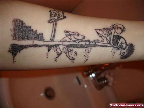 Awesome Grey Ink Geek Tattoo On Arm