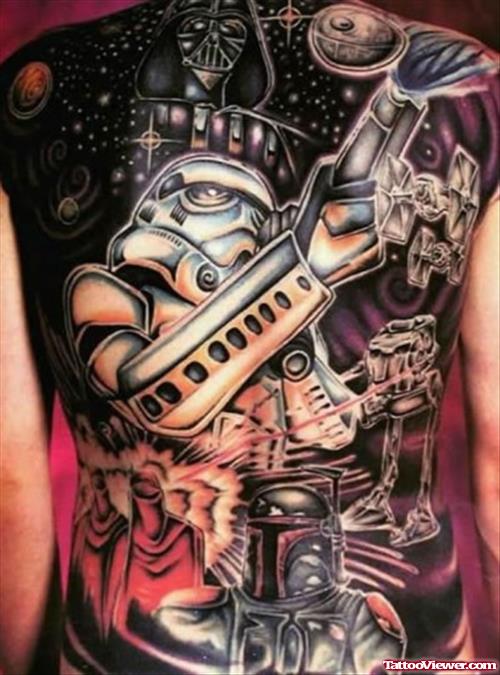 Awesome Colored Star War Geek Tattoo On Back