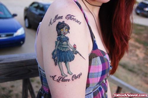 Awesome Color Ink Geek Tattoo On Girl Right SHoulder